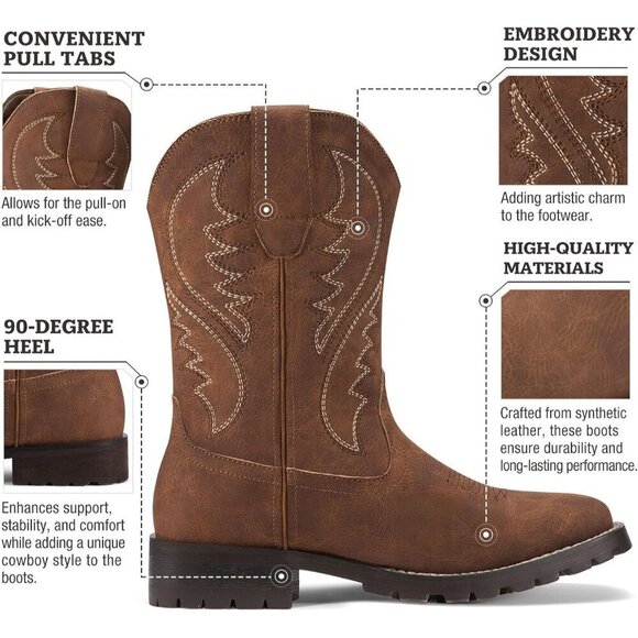 Men\'s Brown 2 Square Toe Chunky Heel Mid-calf Classic Embroidered Pull On Boots main image 4